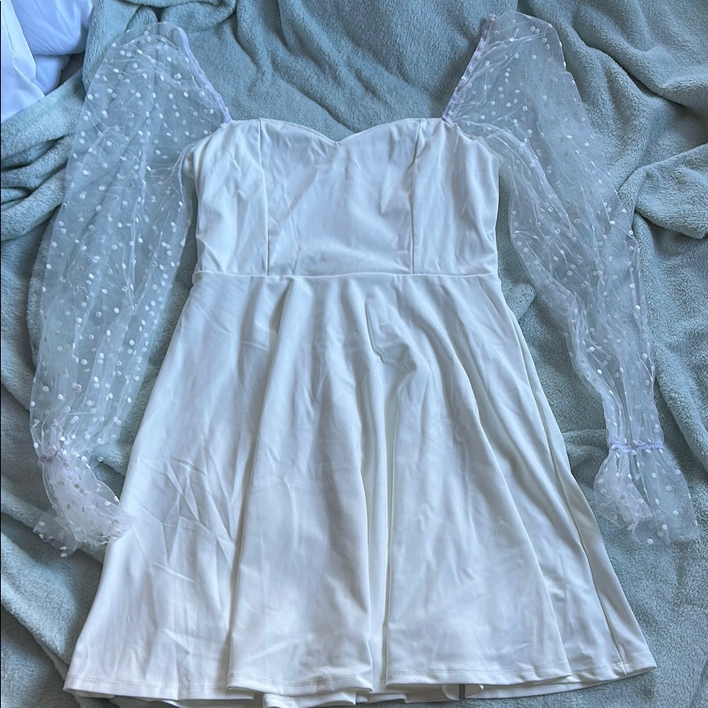 White Dress with Sheer Polka Dot Sleeves